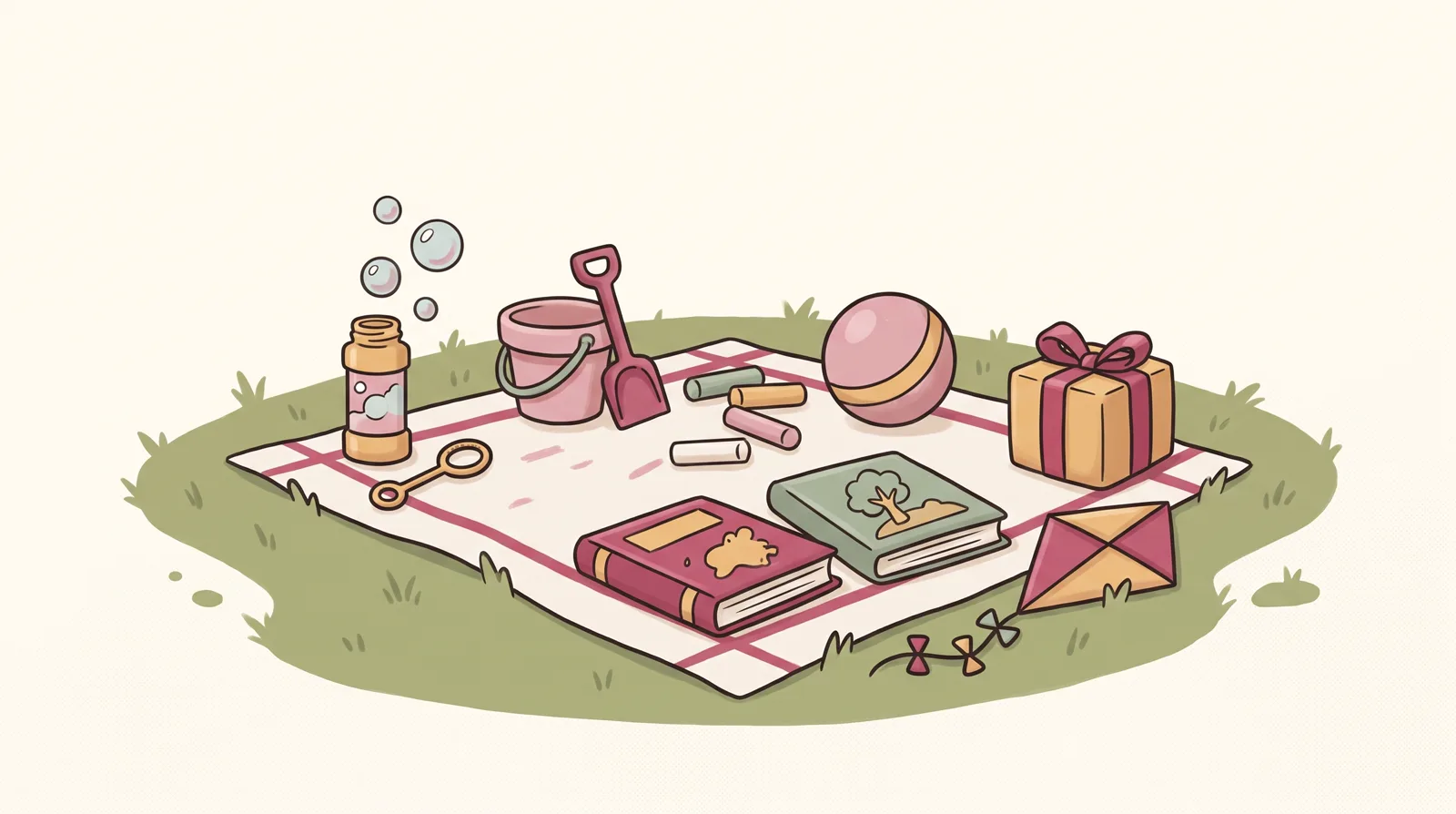 O pătură de picnic pe iarbă cu bule de săpun, o găletușă cu lopățică, cretă colorată, o minge, două cărți ilustrate, un zmeu și un cadou legat cu fundă