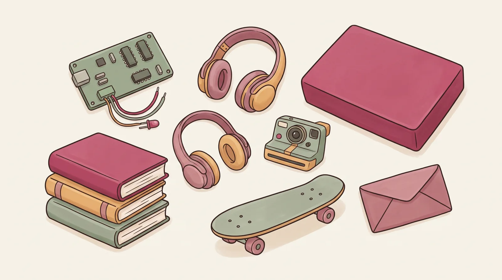Un kit de electronică, trei romane, căști, un aparat foto instant, un skateboard, un joc de societate și un plic, aranjate ca daruri pentru un copil de 12 ani