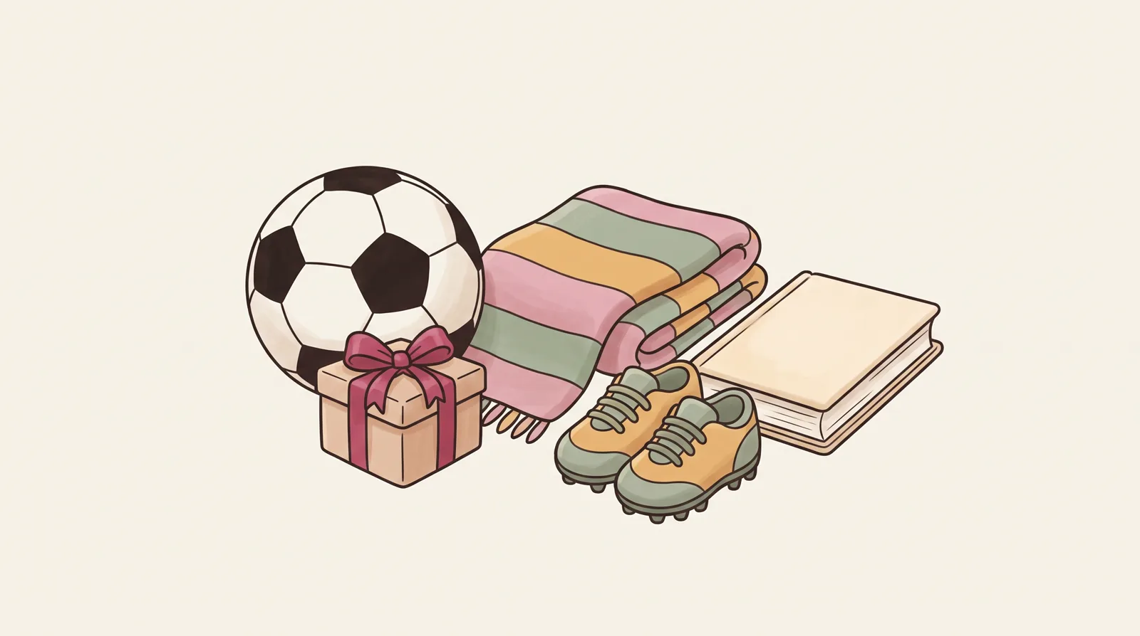 O minge de fotbal lângă o cutie cadou cu fundă roz-zmeură, un fular în dungi, o pereche de ghete mici de fotbal și o carte închisă