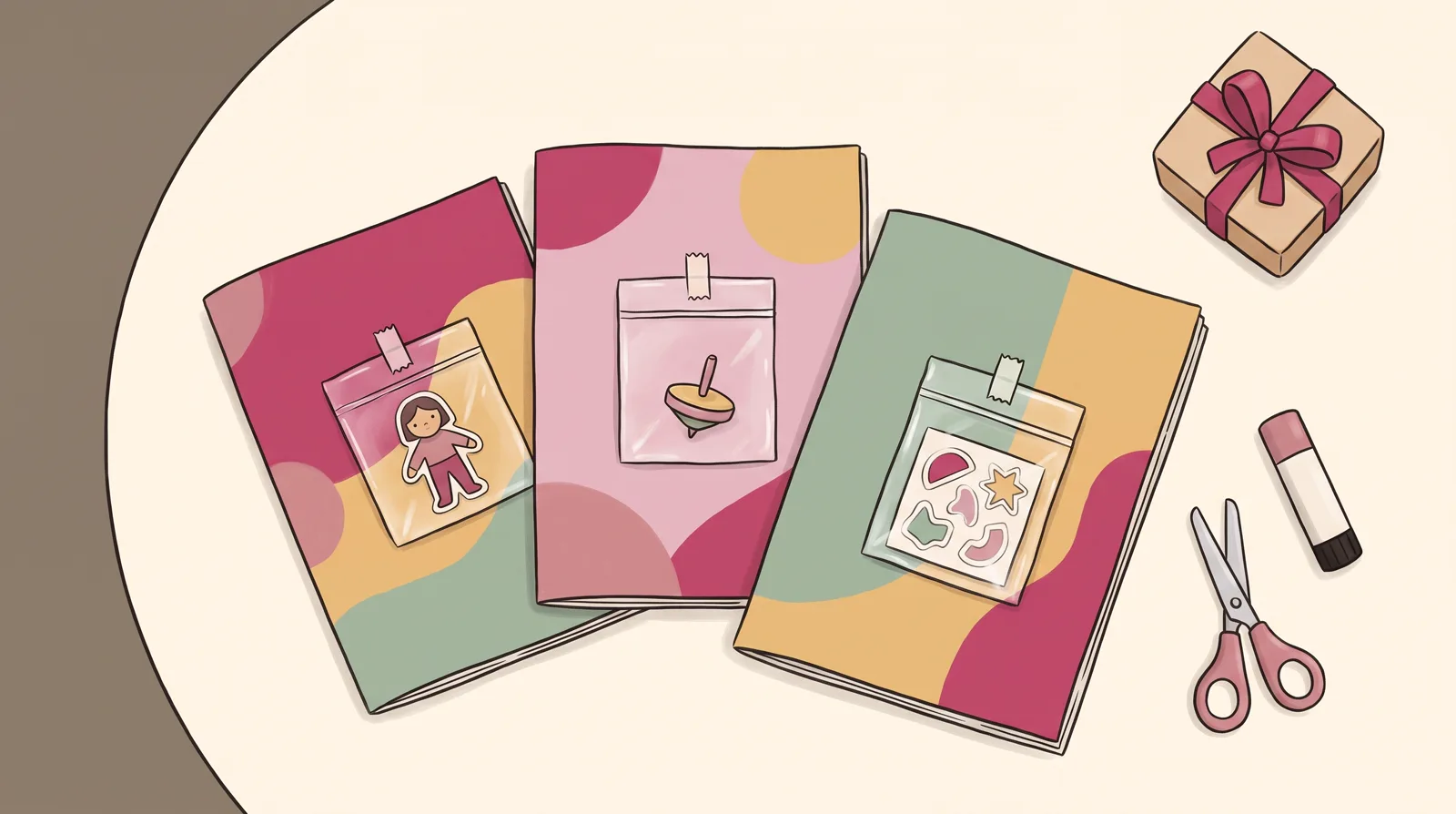 Trei reviste colorate pentru copii, fiecare cu o pungă transparentă cu o jucărie mică pe copertă, lângă o foarfecă de copii, un lipici și o cutie de cadou cu fundă