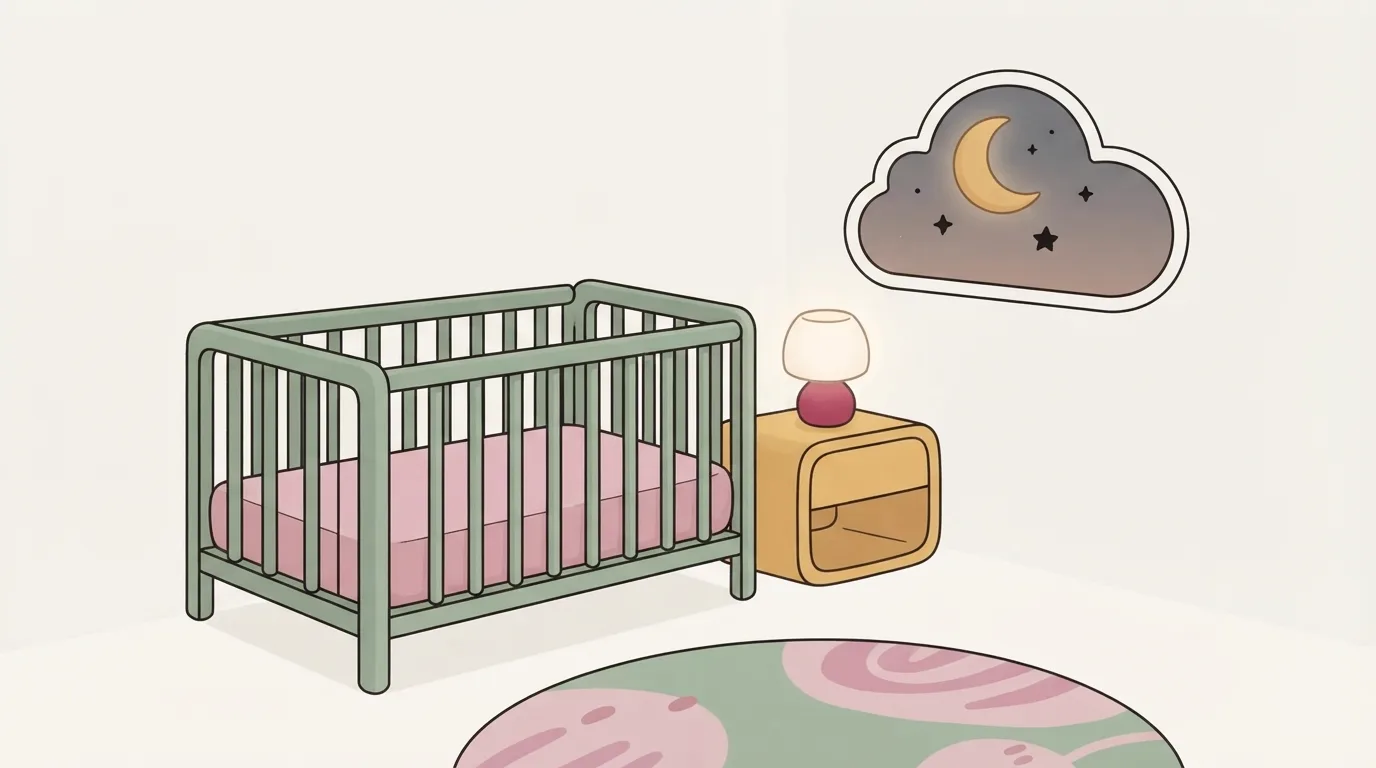 Ilustrație cu un pătuț gol, cu saltea fermă și cearșaf întins, lângă o veioză aprinsă și un tablou cu luna și stele